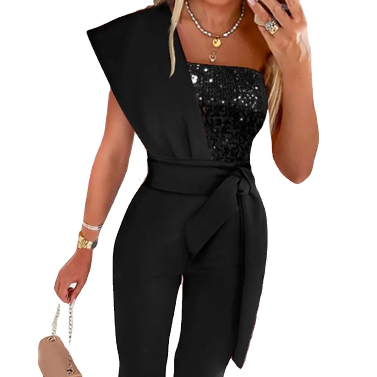 One-Shoulder Women's Jumpsuit with Sparkling Detail | E&W - 6 - Elenwear