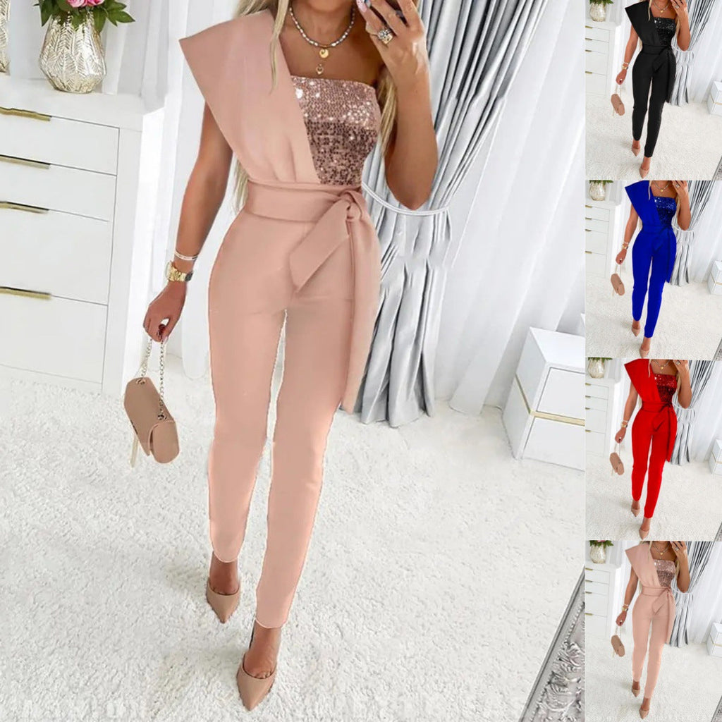 One-Shoulder Women's Jumpsuit with Sparkling Detail | E&W - 9 - Elenwear