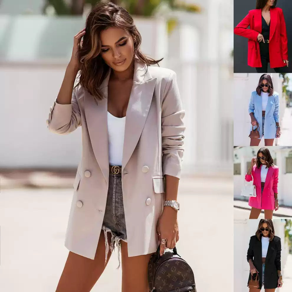 Double-Breasted Blazer for Women in Bright Pink | E&W - 3 - Elenwear