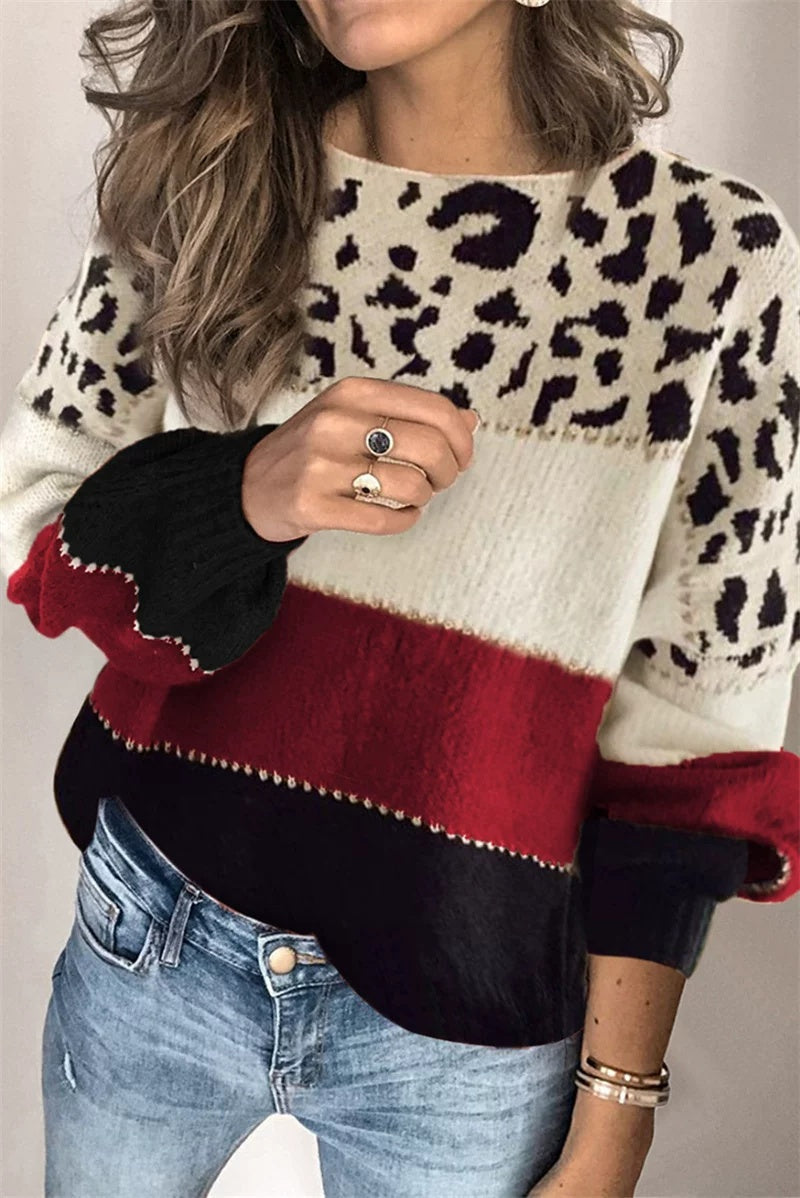 Women's Colour Block Pullover with Leopard Print | E&W - 2 - Elenwear