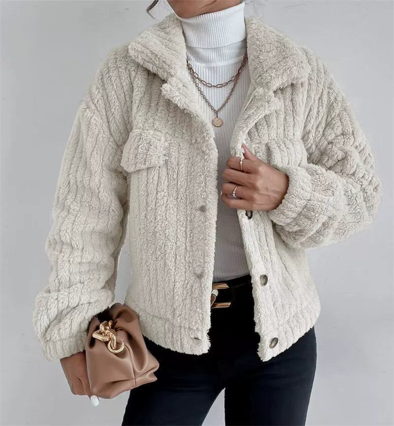 Women's Textured Jacket with Button Closure & Pockets | E&W - 4 - Elenwear