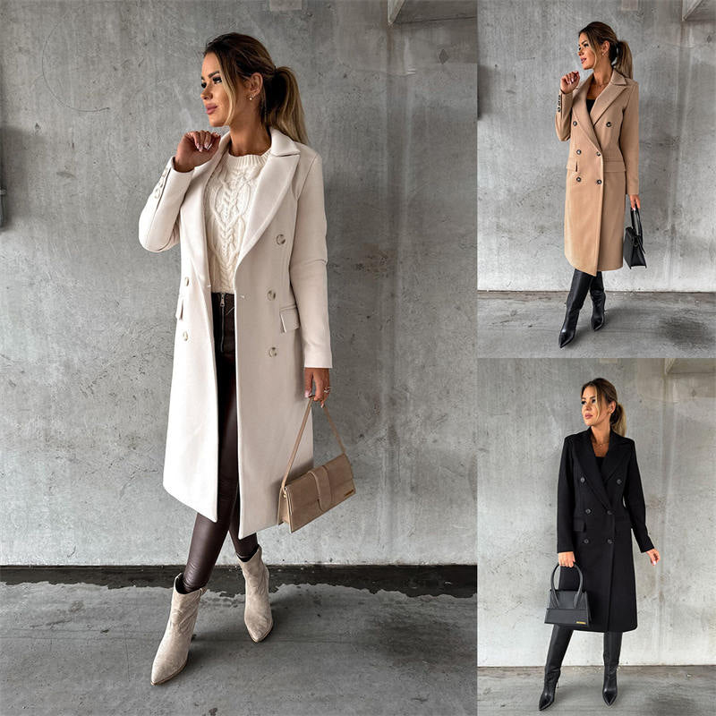 Double-Breasted Women's Coat in Cream with Pockets | E&W - 1 - Elenwear