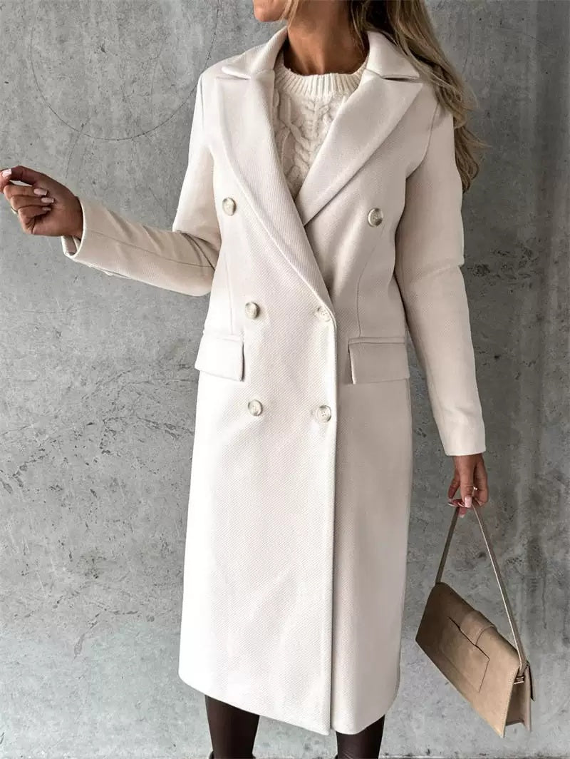 Double-Breasted Women's Coat in Cream with Pockets | E&W - 2 - Elenwear