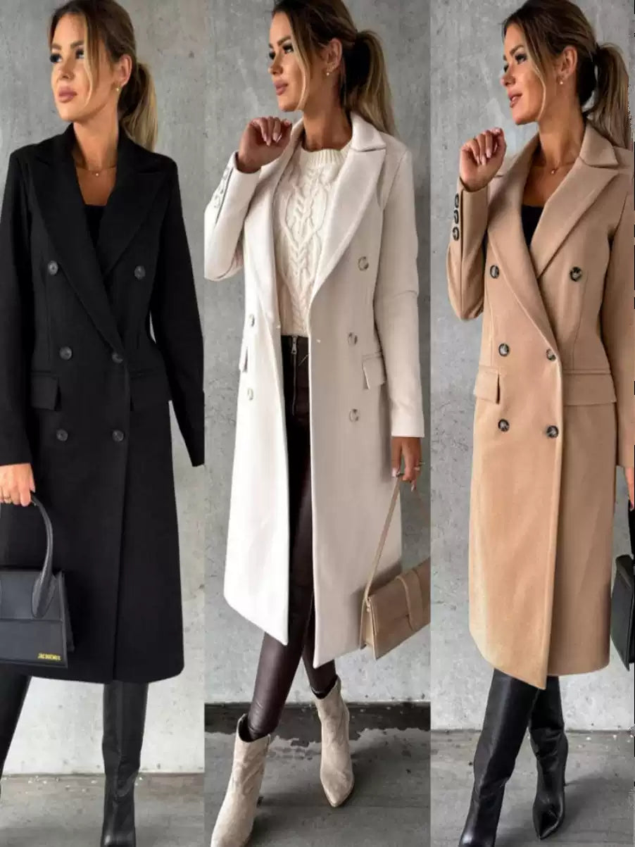 Double-Breasted Women's Coat in Cream with Pockets | E&W - 3 - Elenwear