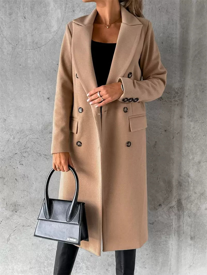 Double-Breasted Women's Coat in Cream with Pockets | E&W - 4 - Elenwear