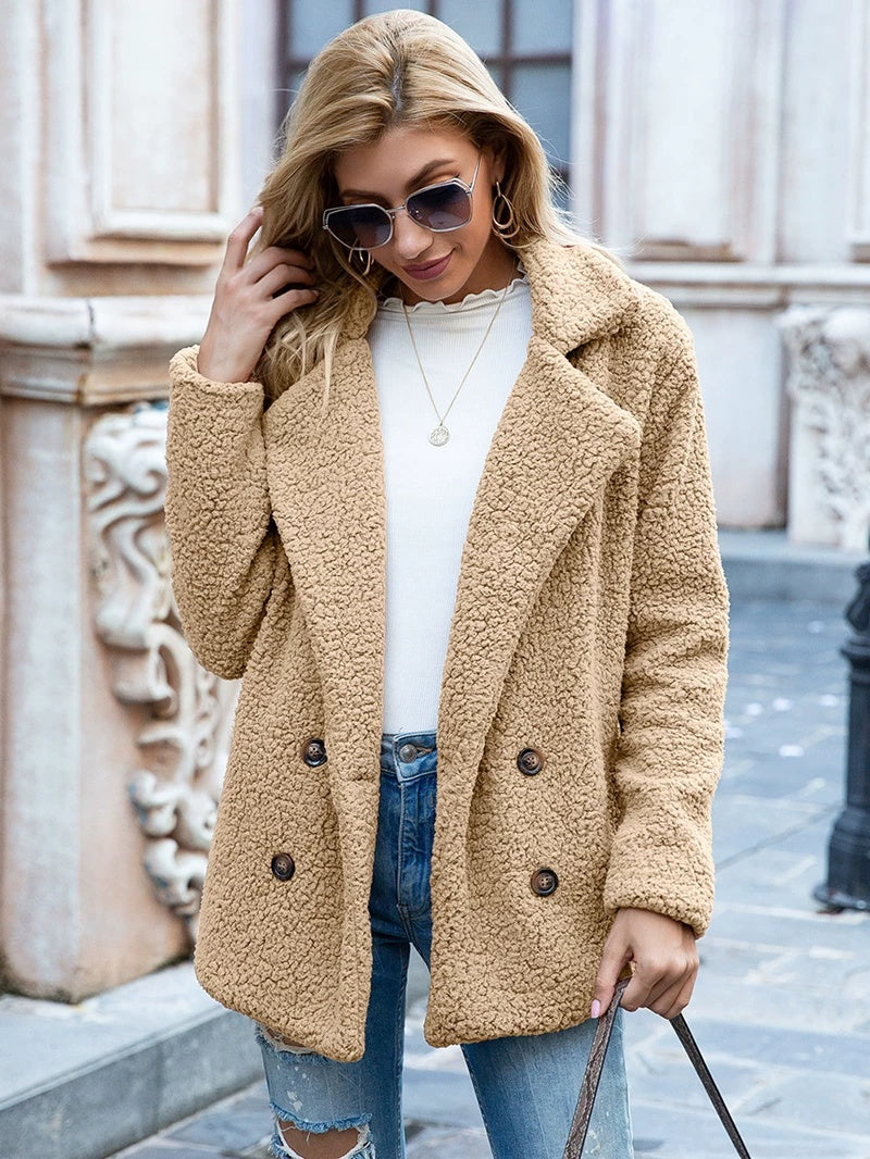 Women's Textured Jacket with Double Breasted Design + Soft Fleece Feel | E&W - 6 - Elenwear