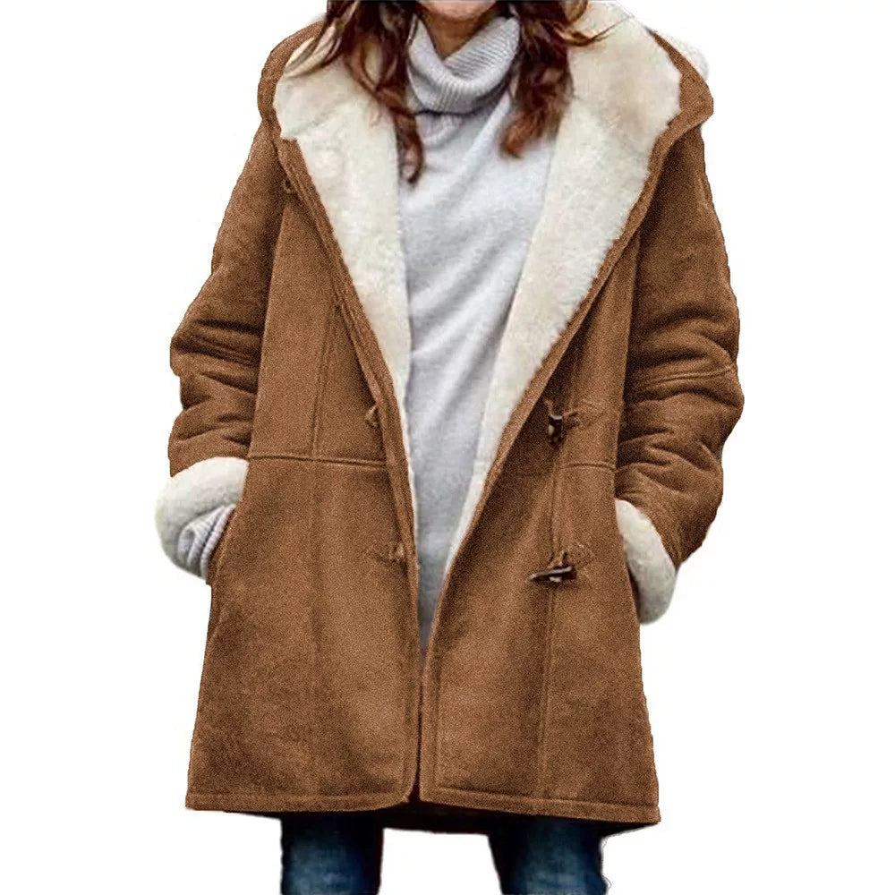 Shearling-Look Hooded Coat for Women with Relaxed Fit | E&W - 3 - Elenwear