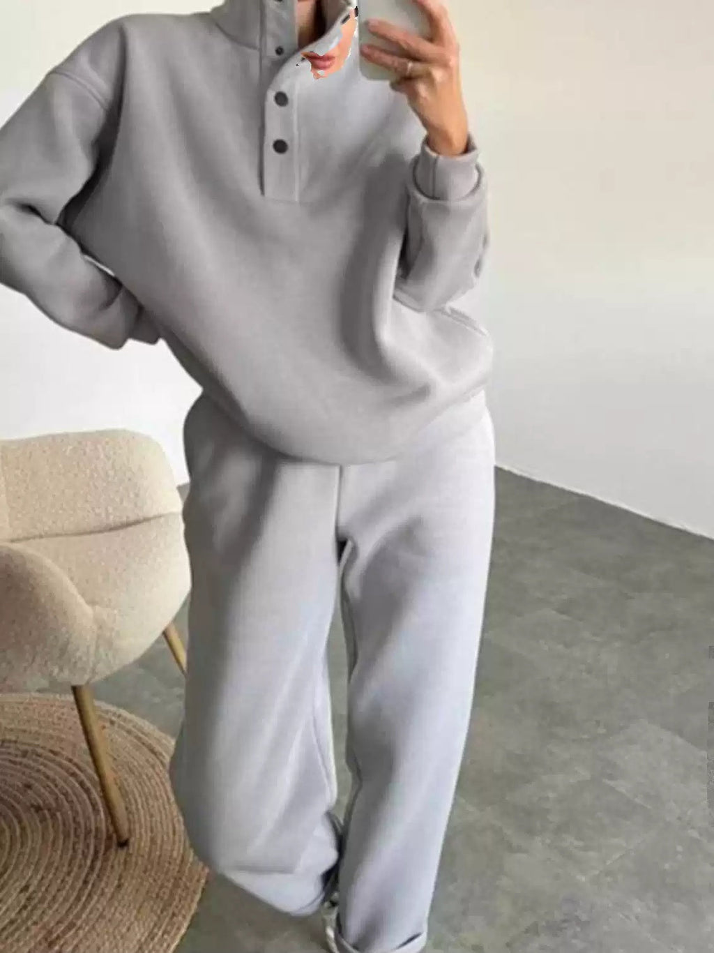 Women's Relaxed Fit Pullover Outfit with Stand-Up Collar | E&W - 1 - Elenwear