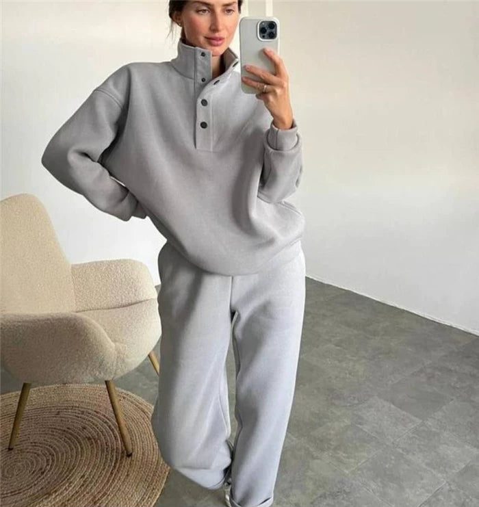 Women's Relaxed Fit Pullover Outfit with Stand-Up Collar | E&W - 3 - Elenwear