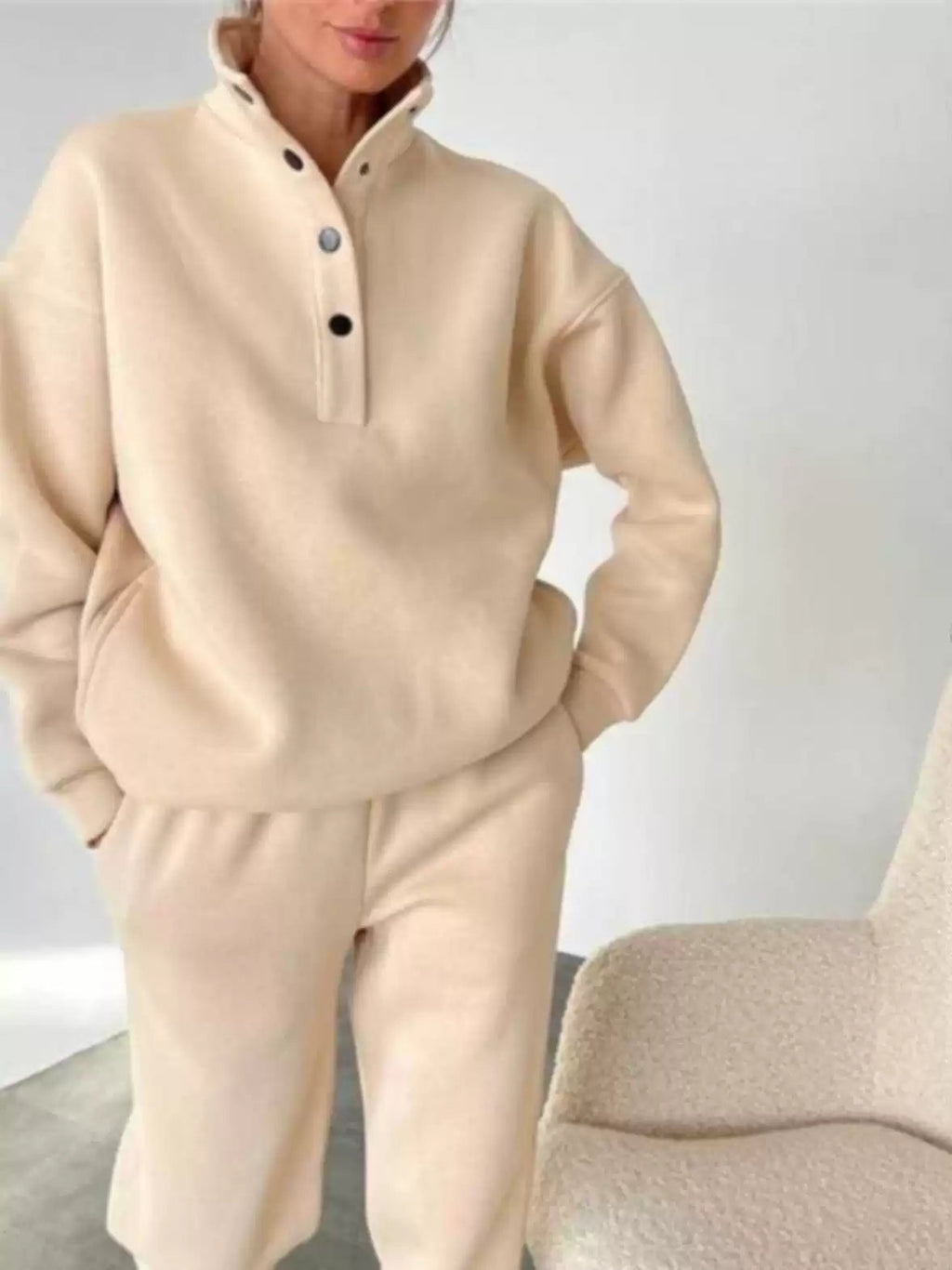 Women's Relaxed Fit Pullover Outfit with Stand-Up Collar | E&W - 6 - Elenwear