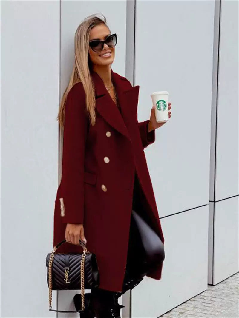 Double Breasted Women's Coat in Rich Burgundy | E&W - 3 - Elenwear