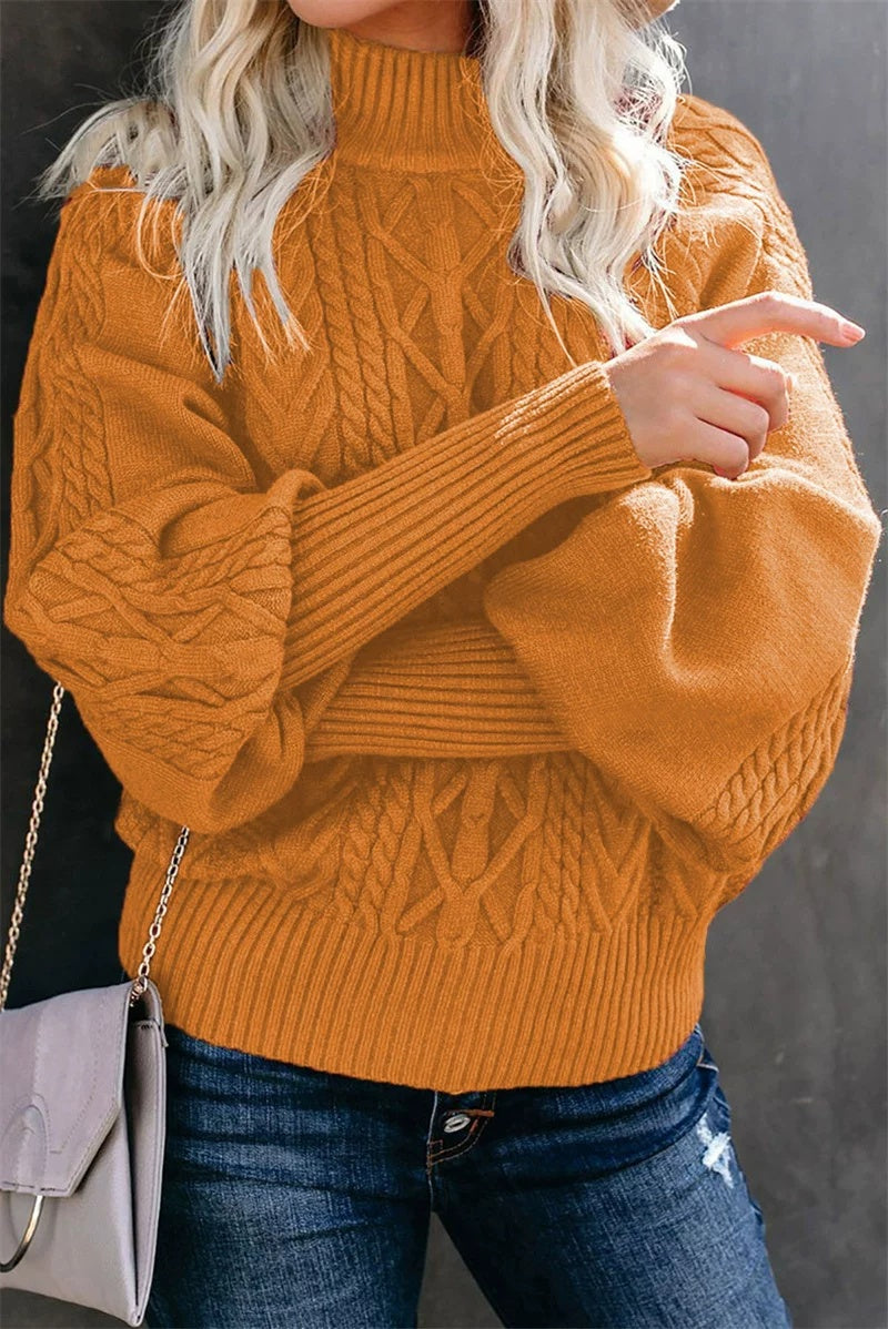 Cable Knit Pullover Women's High Neck Jumper with Puffed Sleeves | E&W - 4 - Elenwear