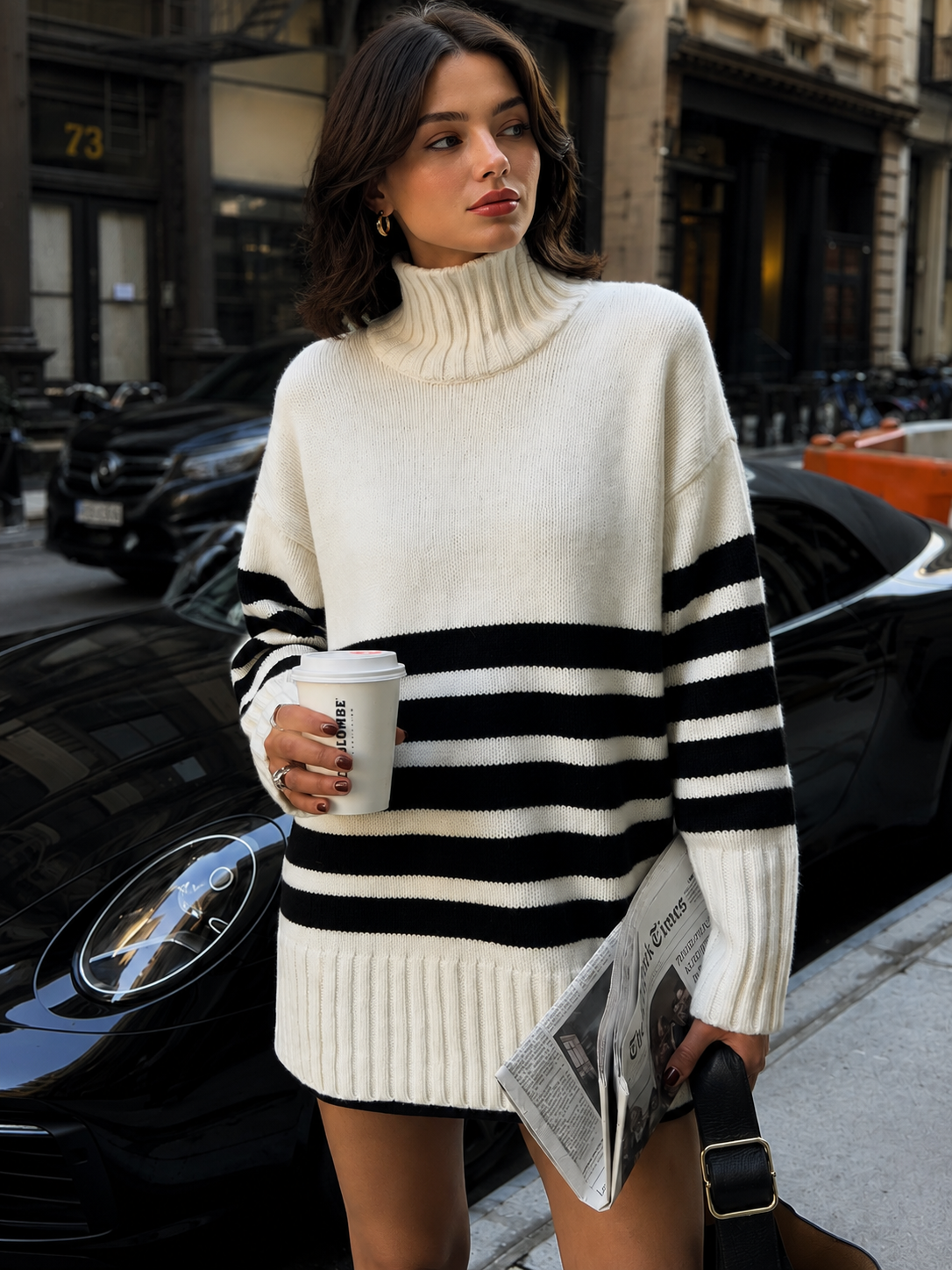 Striped High Neck Pullover Women's Soft Knit | E&W - 1 - Elenwear