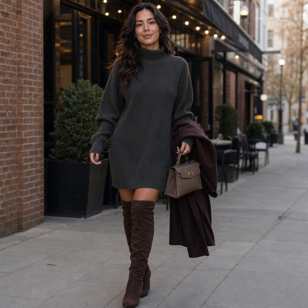 Sweater Dress Women's Relaxed Fit with High Neck and Puff Sleeves | E&W - 4 - Elenwear
