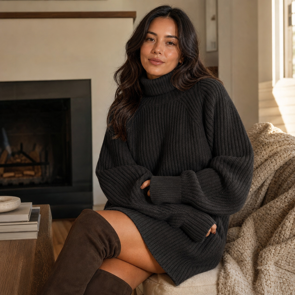 Sweater Dress Women's Relaxed Fit with High Neck and Puff Sleeves | E&W - 6 - Elenwear