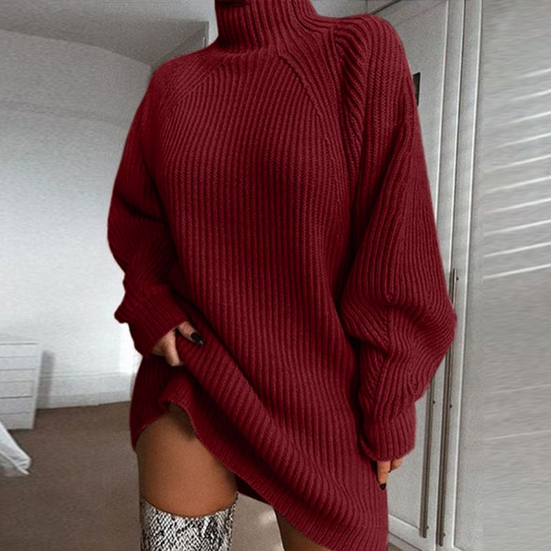 Sweater Dress Women's Relaxed Fit with High Neck and Puff Sleeves | E&W - 12 - Elenwear
