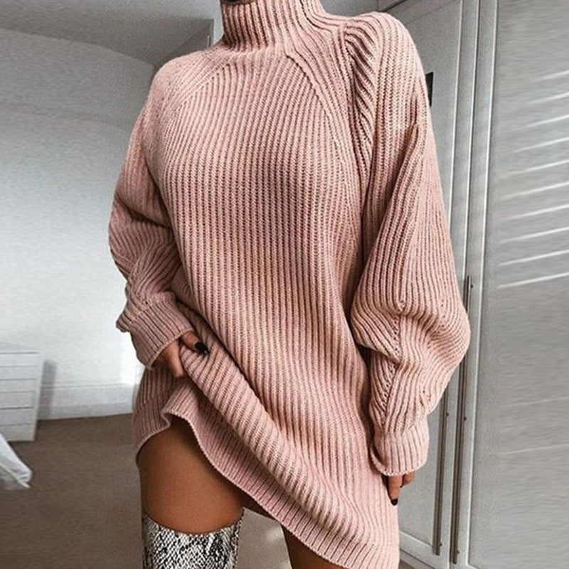 Sweater Dress Women's Relaxed Fit with High Neck and Puff Sleeves | E&W - 13 - Elenwear
