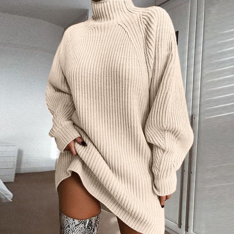 Sweater Dress Women's Relaxed Fit with High Neck and Puff Sleeves | E&W - 14 - Elenwear