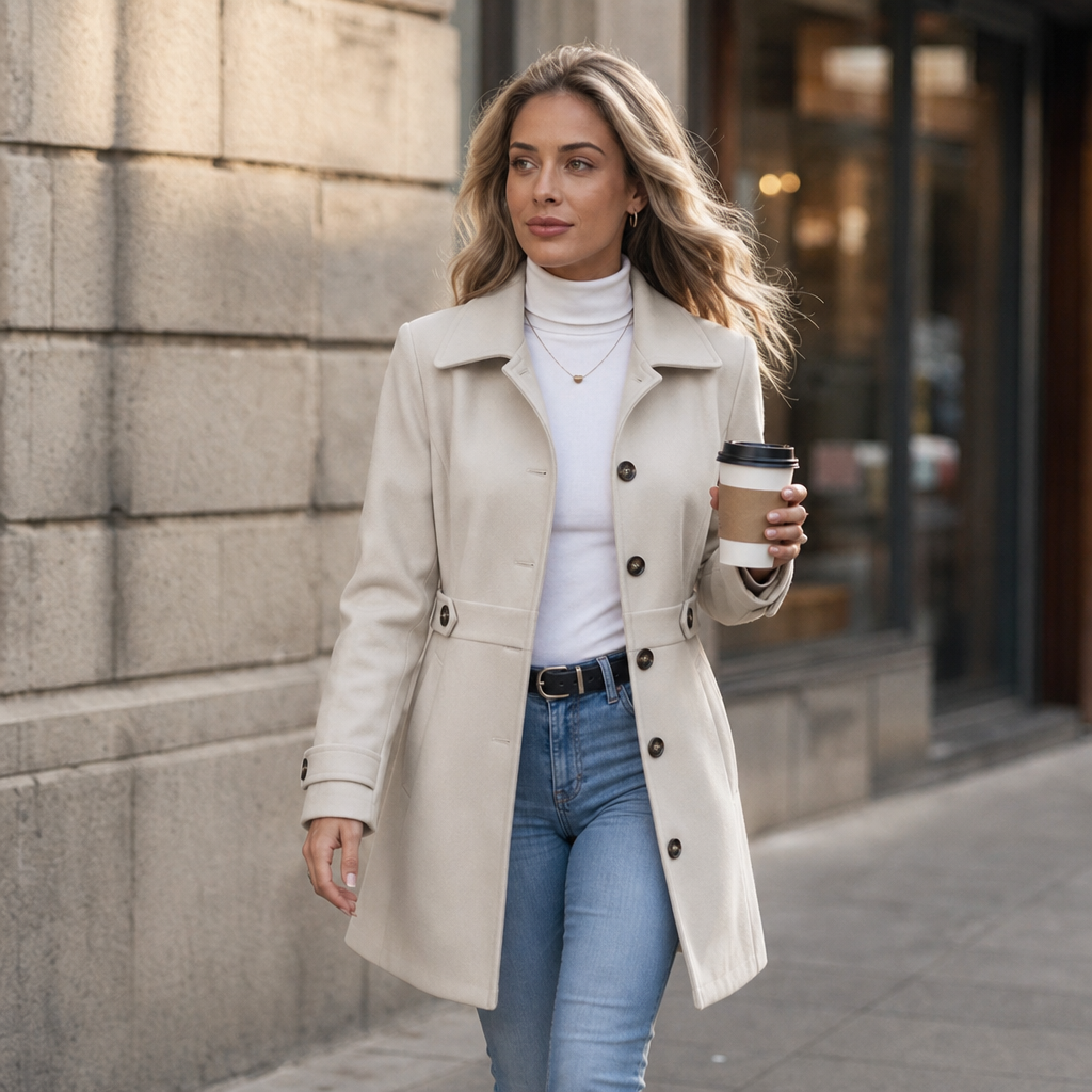 Belted Women's Tailored Coat with Button Detail | E&W - 2 - Elenwear