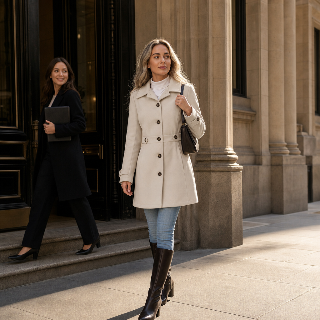 Belted Women's Tailored Coat with Button Detail | E&W - 3 - Elenwear