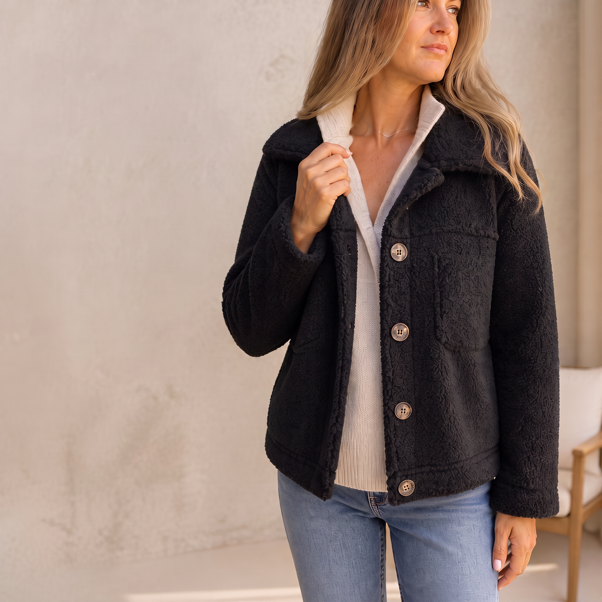 Women's Relaxed Fit Button-Up Jacket with Pockets | E&W - 6 - Elenwear