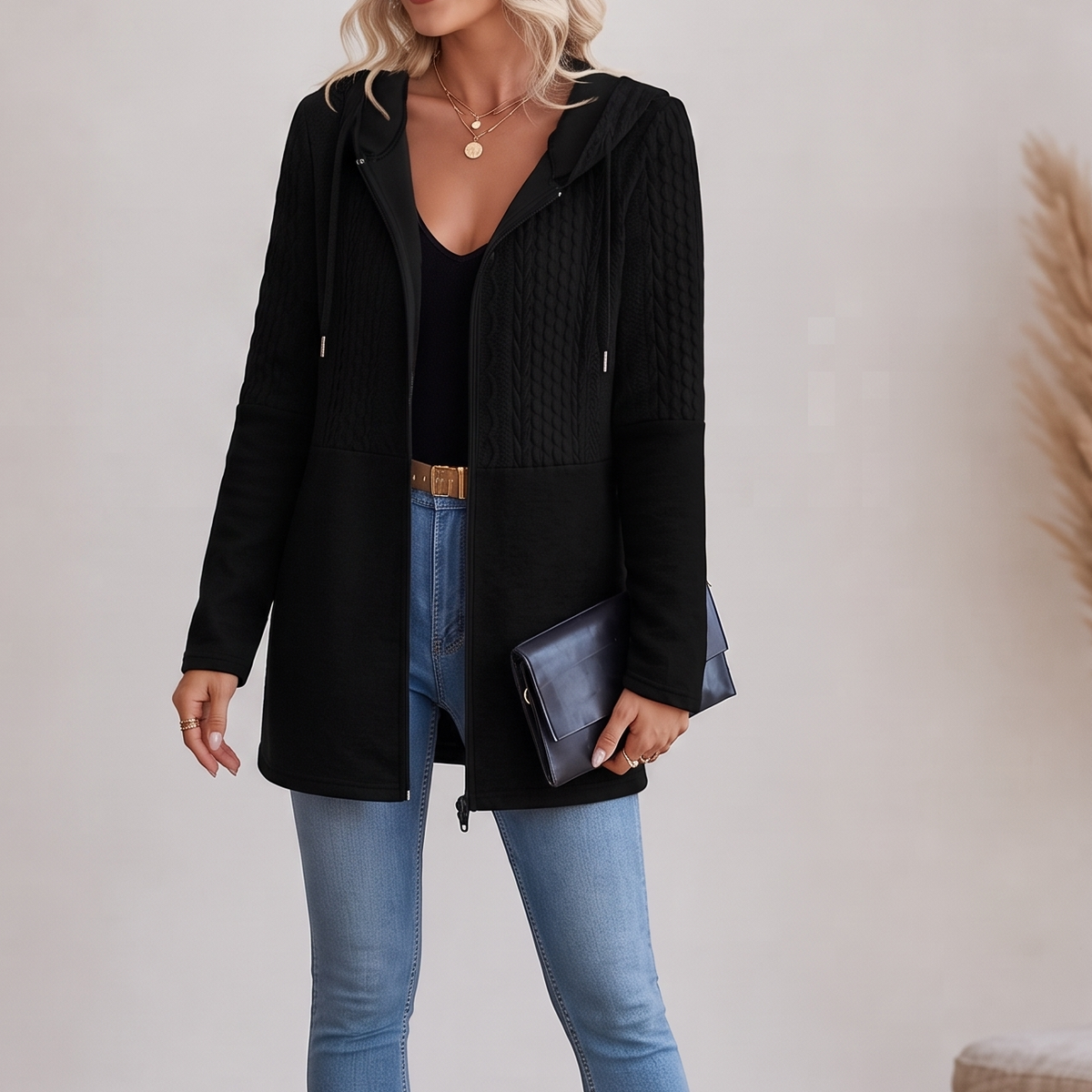 Hooded Jacket Women's with Cable Knit Detail | E&W - 14 - Elenwear