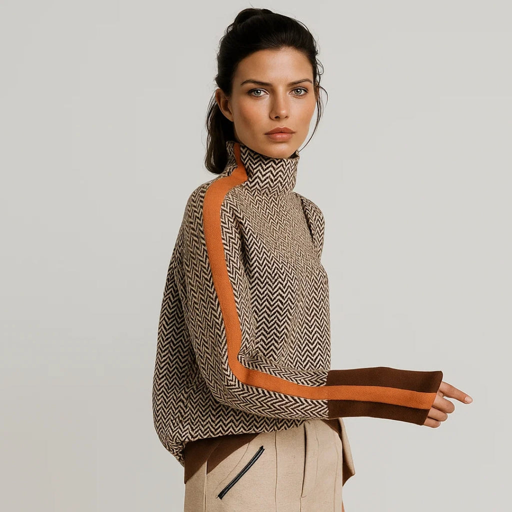 Trendy Women's Pullover with High Neck & Colour Block Design | E&W - 1 - Elenwear