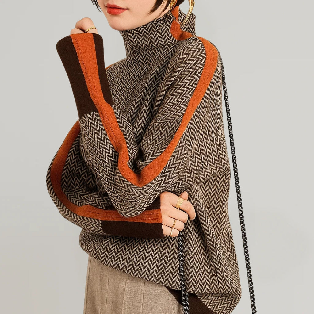 Trendy Women's Pullover with High Neck & Colour Block Design | E&W - 2 - Elenwear