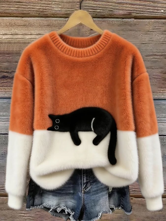 Cat Print Pullover Women's Relaxed Fit | E&W - 1 - Elenwear