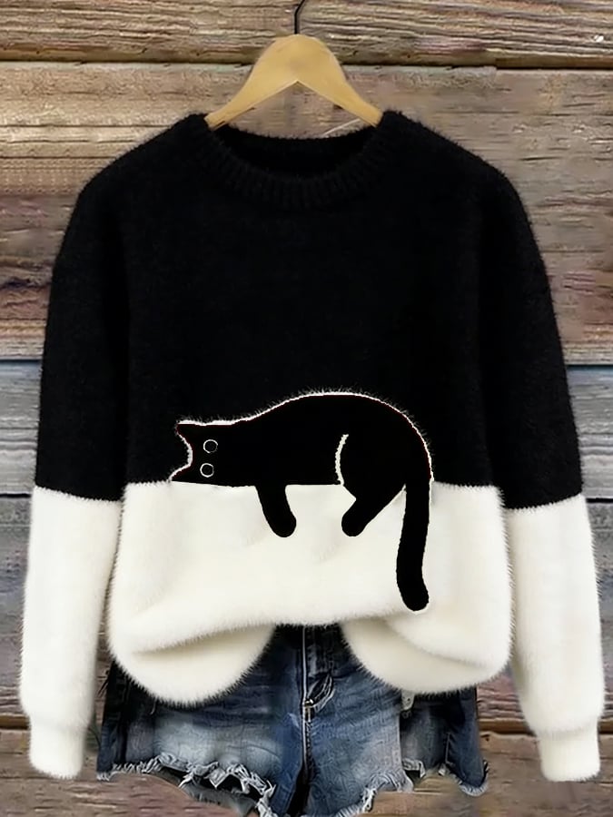 Cat Print Pullover Women's Relaxed Fit | E&W - 3 - Elenwear