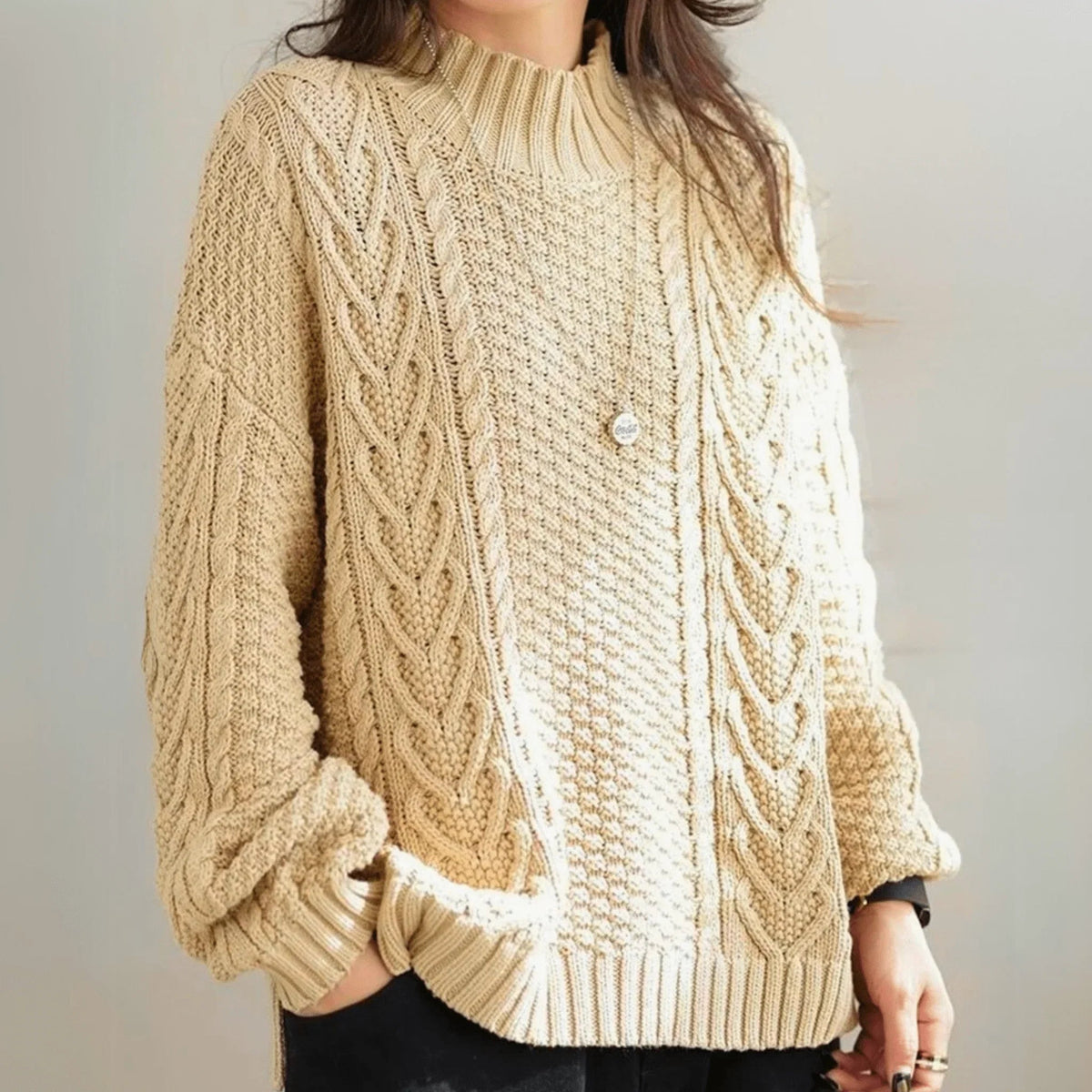 Cable Knit Pullover Women | Relaxed Fit with High Neck | E&W - 2 - Elenwear