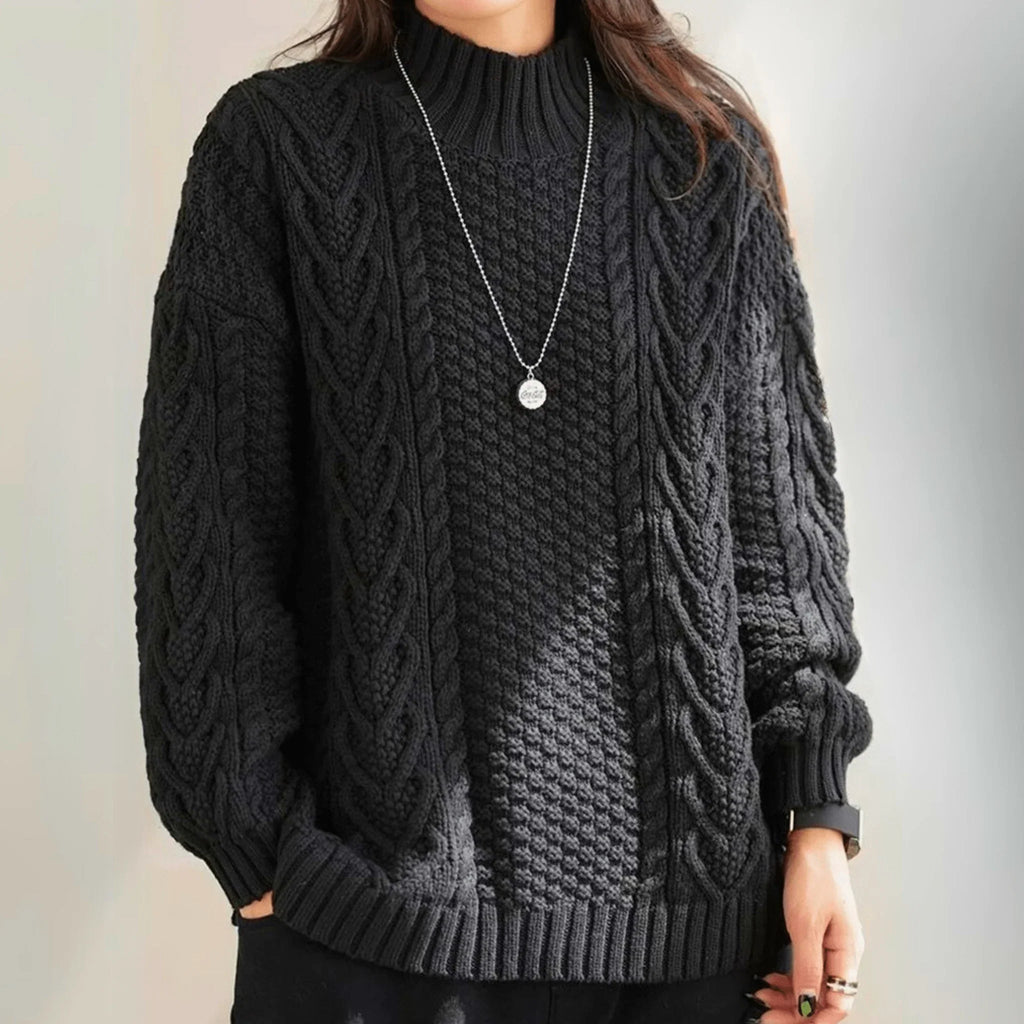 Cable Knit Pullover Women | Relaxed Fit with High Neck | E&W - 3 - Elenwear
