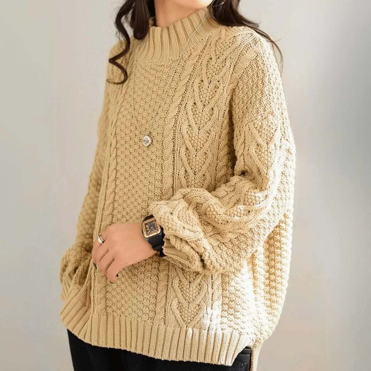 Cable Knit Pullover Women | Relaxed Fit with High Neck | E&W - 6 - Elenwear