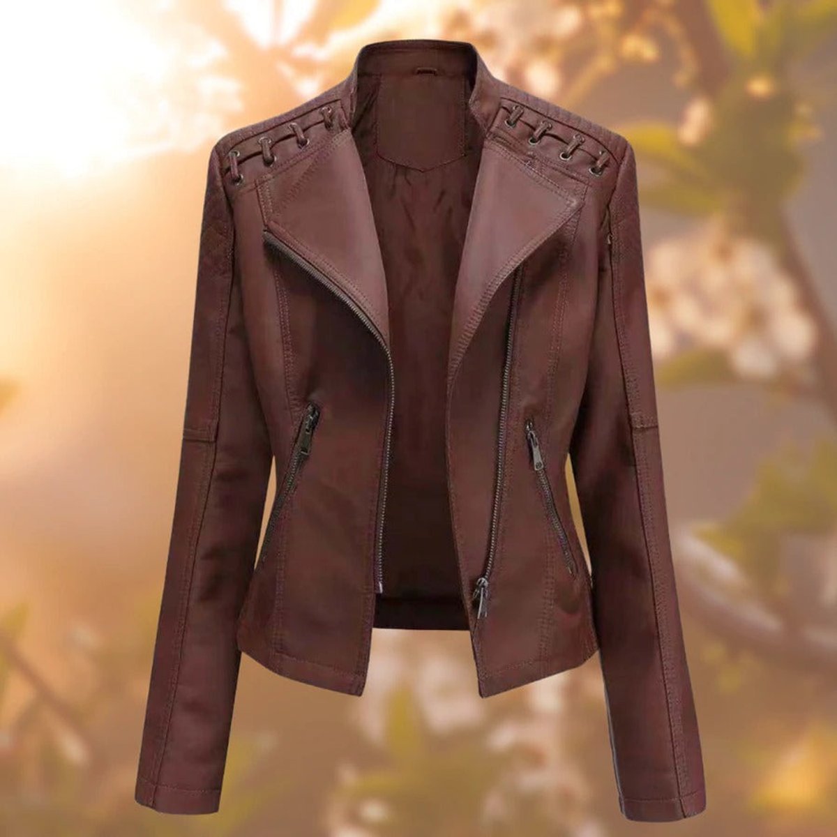 Women's Biker Jacket with Asymmetrical Zip and Shoulder Detail | E&W - 2 - Elenwear