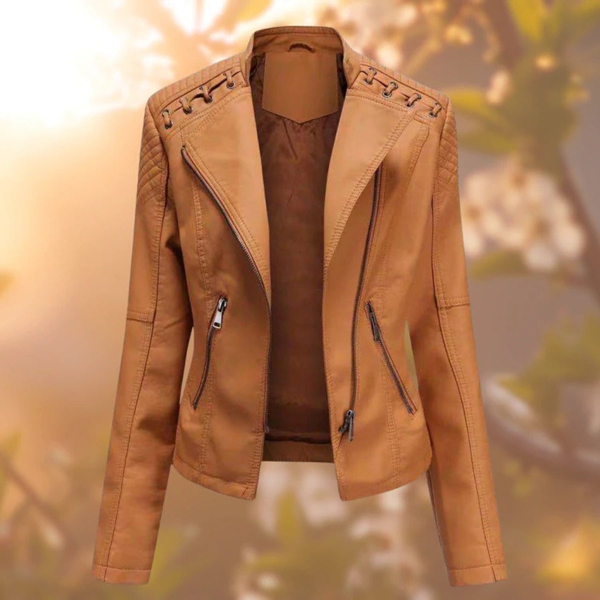 Women's Biker Jacket with Asymmetrical Zip and Shoulder Detail | E&W - 3 - Elenwear