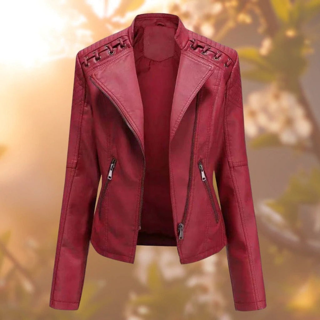 Women's Biker Jacket with Asymmetrical Zip and Shoulder Detail | E&W - 4 - Elenwear