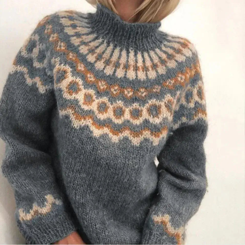 Women's High Neck Pullover with Relaxed Fit and Colourful Pattern | E&W - 1 - Elenwear