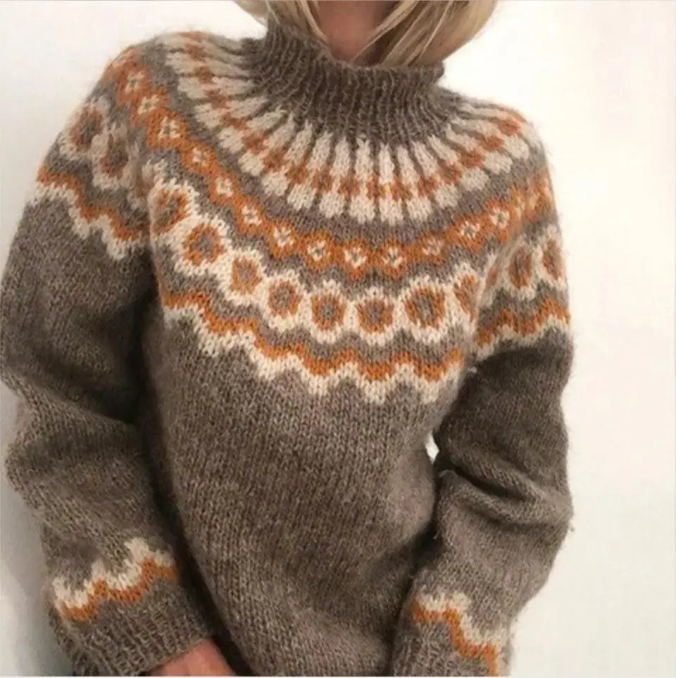 Women's High Neck Pullover with Relaxed Fit and Colourful Pattern | E&W - 2 - Elenwear