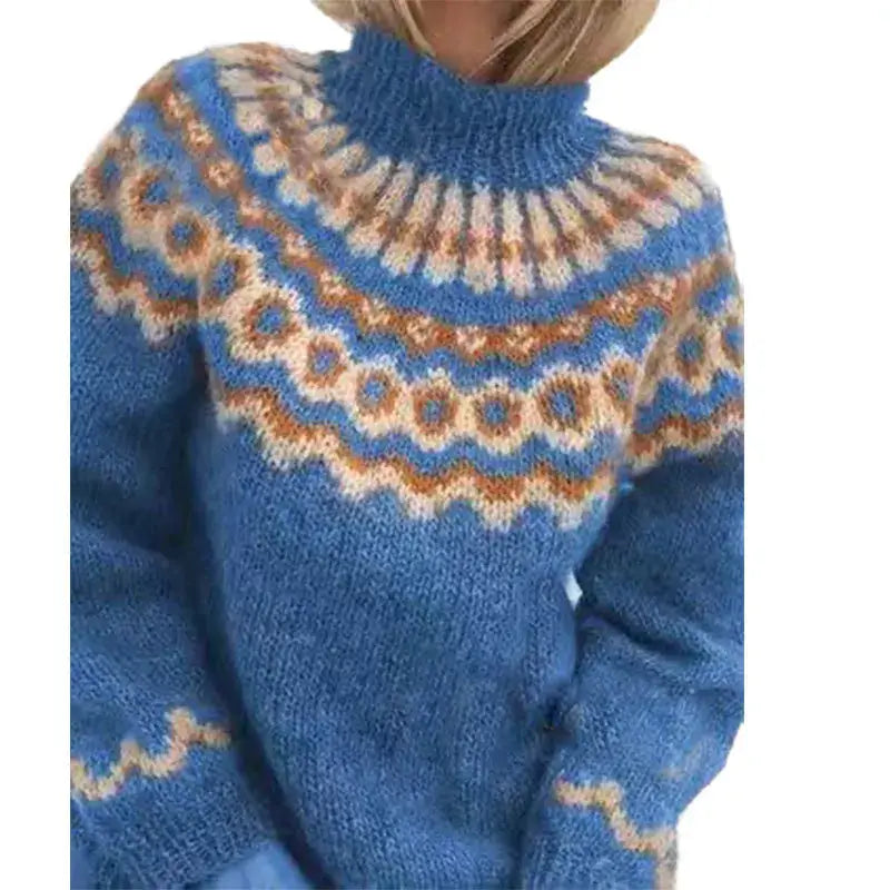 Women's High Neck Pullover with Relaxed Fit and Colourful Pattern | E&W - 3 - Elenwear