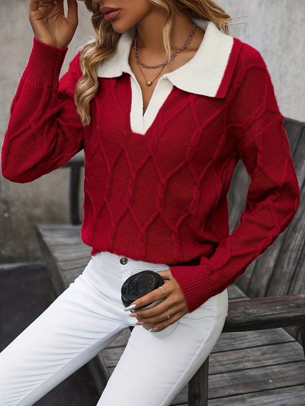 Pullover Women’s V-Neck with Collar & Cable Knit Design | E&W - 2 - Elenwear