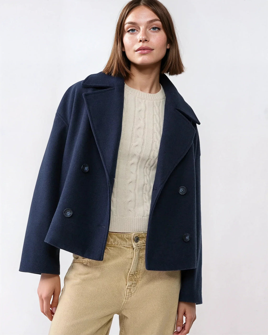 Women's Cropped Peacoat with Double-Breasted Design | E&W - 1 - Elenwear