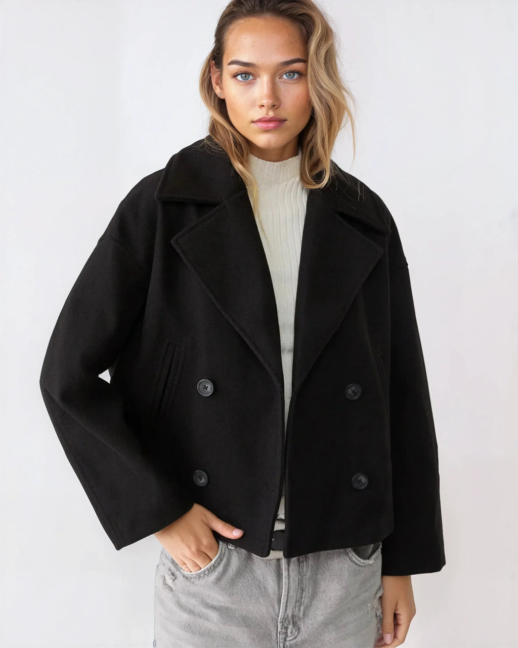 Women's Cropped Peacoat with Double-Breasted Design | E&W - 3 - Elenwear