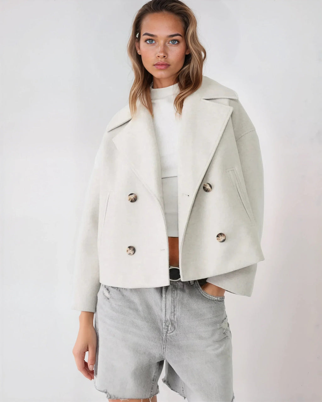 Women's Cropped Peacoat with Double-Breasted Design | E&W - 6 - Elenwear