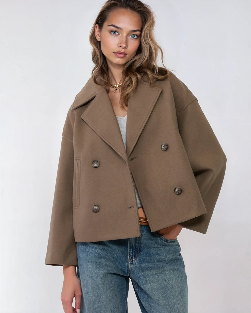 Women's Cropped Peacoat with Double-Breasted Design | E&W - 9 - Elenwear