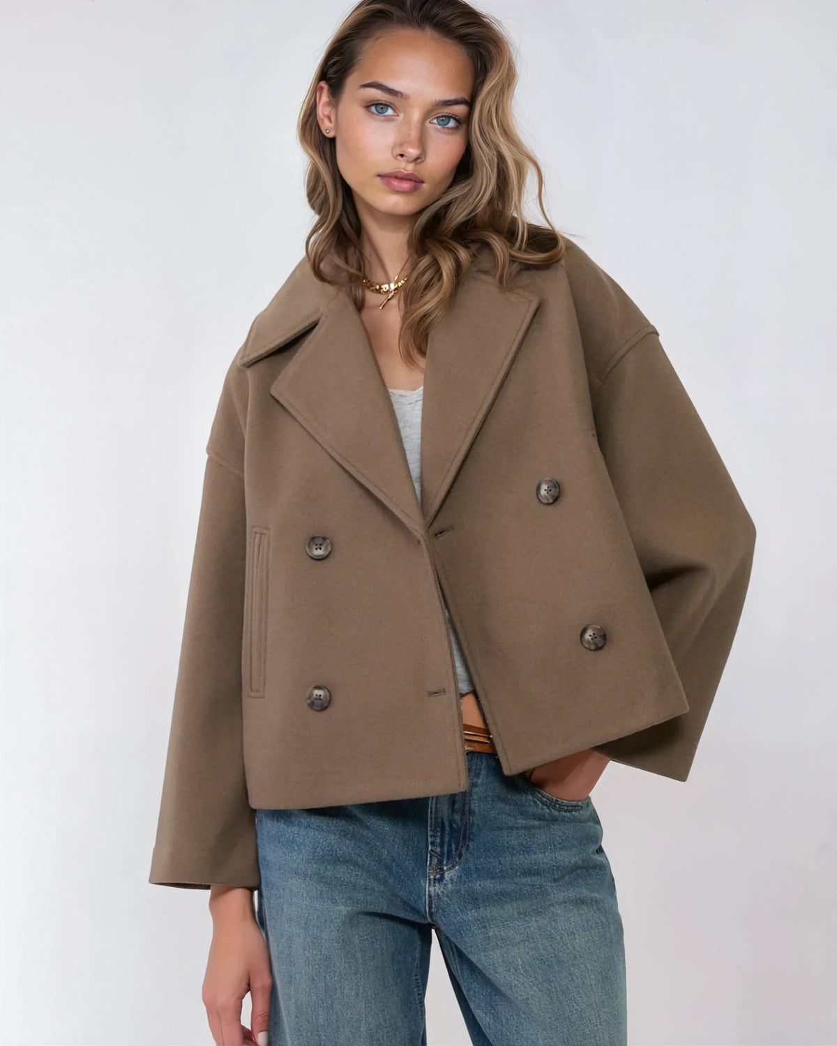 Women's Cropped Peacoat with Double-Breasted Design | E&W - 9 - Elenwear