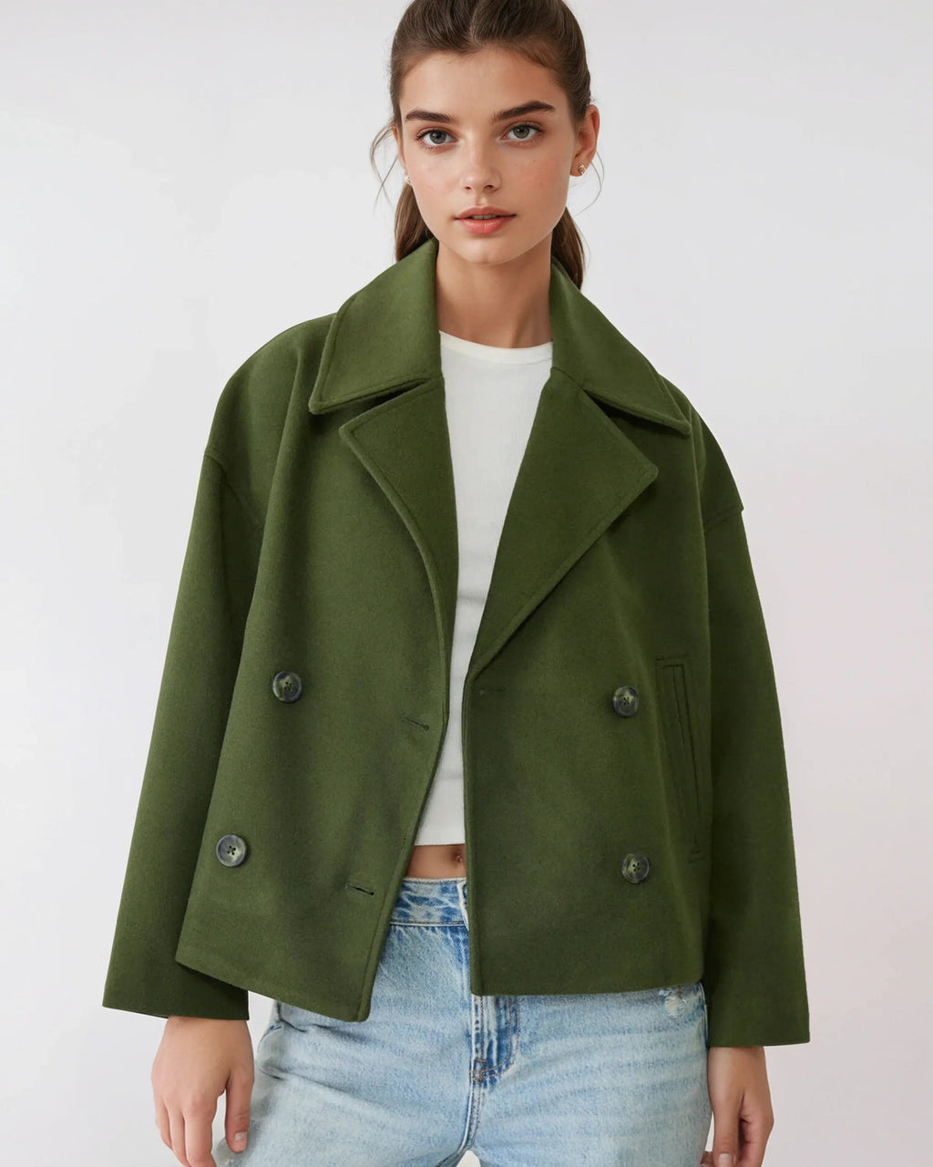 Women's Cropped Peacoat with Double-Breasted Design | E&W - 11 - Elenwear