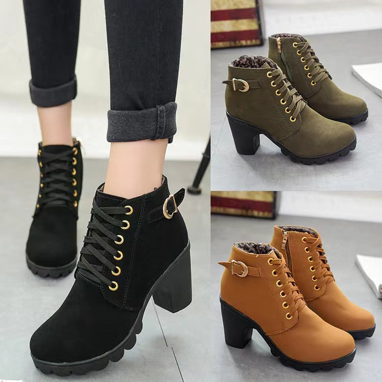 Chunky Heeled Women's Lace-Up Ankle Boots with Buckle | E&W - 1 - Elenwear
