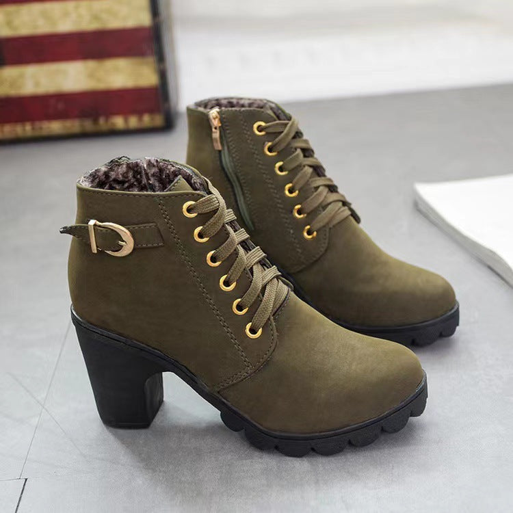 Chunky Heeled Women's Lace-Up Ankle Boots with Buckle | E&W - 3 - Elenwear