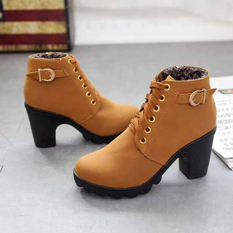 Chunky Heeled Women's Lace-Up Ankle Boots with Buckle | E&W - 4 - Elenwear