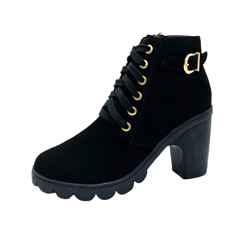 Chunky Heeled Women's Lace-Up Ankle Boots with Buckle | E&W - 5 - Elenwear